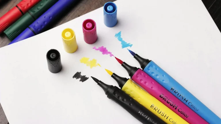 Four brush pens in primary colours with test strokes on white paper.