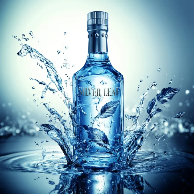 Bottle of Gin surrounded in water splashes