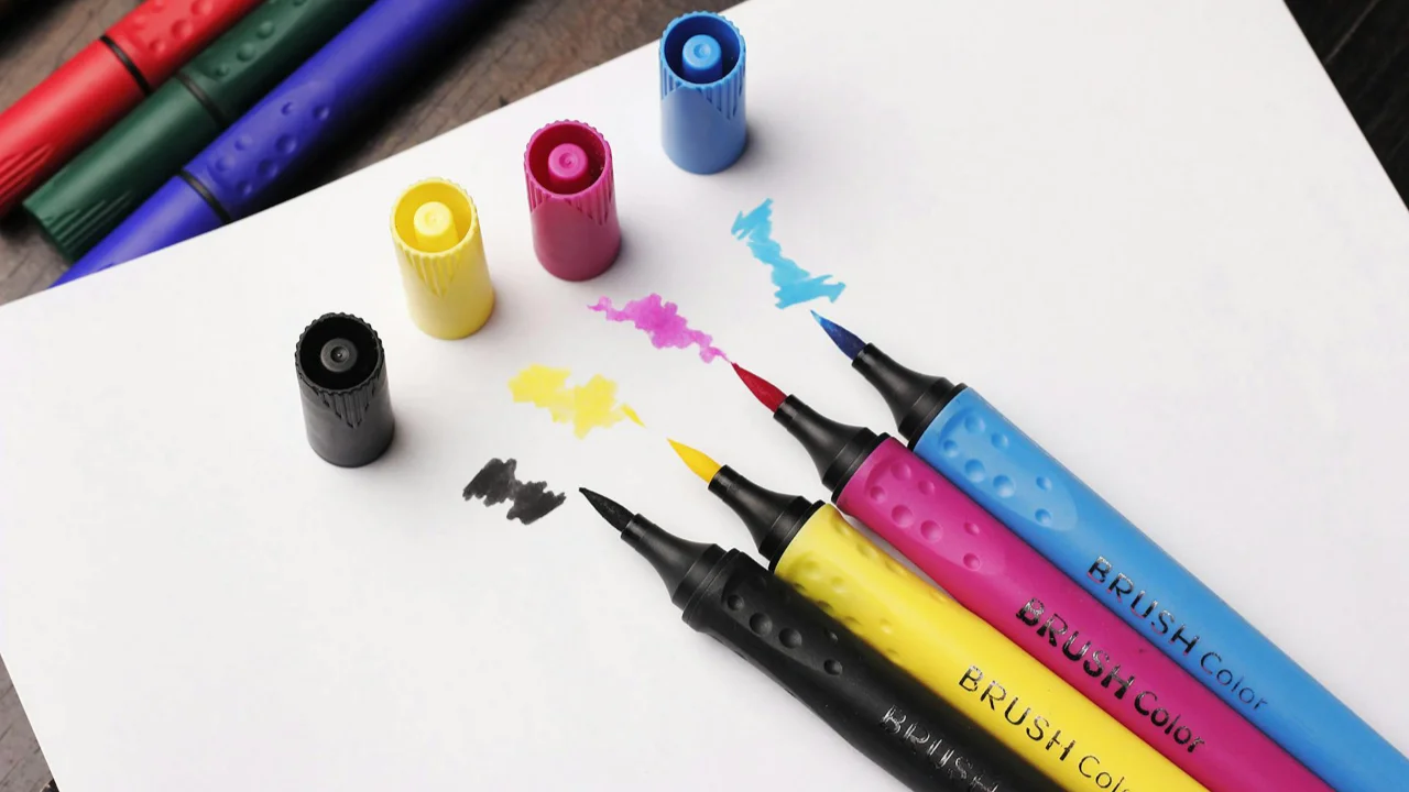 Four brush pens in primary colours with test strokes on white paper.