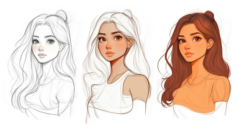 A three-stage digital illustration of a young woman, from sketch to fully coloured artwork.